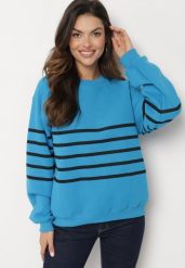 Niebieska Dzianinowa Bluza z Polarem Ozdobiona Poziomymi Paskami Labril. Niebieskie bluzy damskie Born2be, l, bez wzorów, z dzianiny, casualowe, bez ramiączek, bez kaptura. Za 89.99 zł.