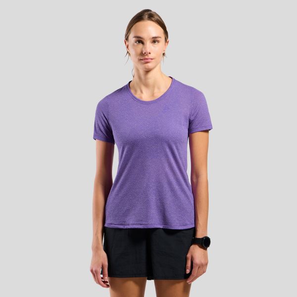 Koszulka damska Odlo ESSENTIAL LINENCOOL T-shirt crew neck s/s. Fioletowe bluzki damskie ODLO, s, bez wzorów, sportowe, bez kołnierzyka, bez ramiączek. Za 269.99 zł.