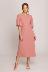 Elegancka sukienka koktajlowa z bufiastymi rękawami różana. Czerwone sukienki damskie Stylove, na imprezę, m, bez wzorów, z elastanu, eleganckie, bez kołnierzyka, bez ramiączek, midi, dopasowane. Za 509.00 zł.