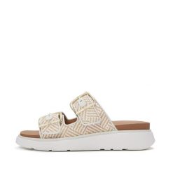 Klapki na koturnie z klamrą damskie FitFlop Gen-FF. Białe klapki damskie FIT FLOP, bez wzorów, z materiału, wakacyjne, bez obcasa, na koturnie, bez zapięcia. Za 715.50 zł.