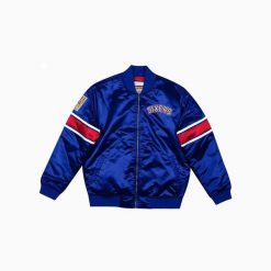 Gruba satynowa kurtka Philadelphia 76ers. Niebieskie kurtki męskie Mitchell & Ness, l, bez wzorów, z satyny, retro, bez kaptura. Za 489.50 zł.