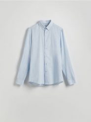 Koszula regular z lnem - jasnoniebieski. Niebieskie koszule męskie Reserved, l, bez wzorów, z bawełny, bez kołnierzyka, bez ramiączek. Za 129.99 zł.