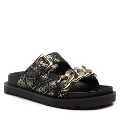 Klapki Guess. Czarne klapki damskie Guess, z aplikacjami, bez obcasa, bez zapięcia. Za 459.99 zł.