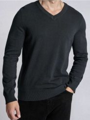 Bawełniany sweter z dekoltem V - szary. Szare swetry męskie Sinsay, l, bez wzorów, z bawełny, bez kołnierzyka, bez ramiączek. Za 39.99 zł.