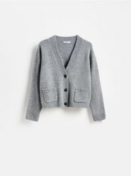 Kardigan z guzikami - szary. Szare kardigany damskie Reserved, l, bez wzorów, z dzianiny, bez kołnierzyka. Za 119.99 zł.