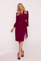 Elegancka sukienka ołówkowa kopertowa z wiązaniem bordowa. Czerwone sukienki damskie Stylove, do pracy, s, bez wzorów, z elastanu, biznesowe, bez kołnierzyka, bez ramiączek, midi, dopasowane. Za 449.00 zł.