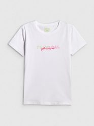 4F T-shirt slim z nadrukiem damski - biały L. Białe t-shirty damskie 4F, l, bez wzorów, z bawełny, bez kołnierzyka, bez ramiączek. Za 59.99 zł.