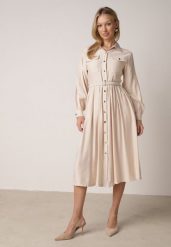 Beżowa Wiskozowa Sukienka Koszulowa z Paskiem Andranassa. Brązowe sukienki damskie Born2be, na co dzień, l, bez wzorów, ze skóry, eleganckie, bez kołnierzyka, bez ramiączek, midi, koszulowe. Za 149.99 zł.