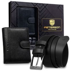 Zestaw prezentowy: skórzany, pionowy portfel męski w czarnym kolorze i czarny pasek ze skóry ekologicznej - Peterson. Czarne portfele męskie Peterson, bez wzorów, ze skóry ekologicznej. Za 109.00 zł.