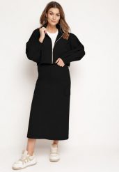 Czarny Komplet Casualowy Bluza z Suwakiem i Stójką oraz Spódnica z Kieszeniami Hettora. Czarne bluzy damskie Born2be, l, bez wzorów, bez ramiączek, bez kaptura. Za 149.99 zł.
