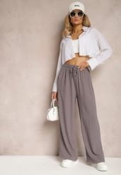 Szare Spodnie High Waist ze Sznurkiem w Talii i Prostą Nogawką Raveann. Szare spodnie materiałowe damskie Renee, bez wzorów, z jeansu, z podwyższonym stanem. Za 39.99 zł.