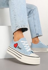 Niebieskie Trampki na Grubej Podeszwie z Aplikacją i Napisem Eheria. Niebieskie trampki i tenisówki damskie Renee, z aplikacjami, z jeansu, bez zapięcia. Za 74.99 zł.