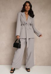 Szare Szerokie Spodnie High Waist o Garniturowym Kroju z Zakładkami Uliadorea. Szare marynarki i żakiety damskie Renee, bez wzorów, z jeansu, eleganckie, z podwyższonym stanem. Za 119.99 zł.