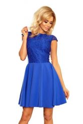 Sukienka Elegancka Rozkloszowana z Koronką - Chabrowa. Niebieskie sukienki damskie Numoco, l, bez wzorów, z koronki, eleganckie, bez kołnierzyka, bez ramiączek, rozkloszowane. Za 260.90 zł.