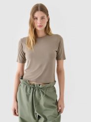 4F T-shirt slim gładki damski - brązowy L. Brązowe t-shirty damskie 4F, l, bez wzorów, z dzianiny, sportowe, bez kołnierzyka, bez ramiączek. W wyprzedaży za 19.99 zł.
