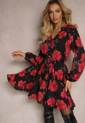 Czarno-Czerwona Sukienka w Kwiatowy Print o Rozkloszowanym Kroju z Wiązaniem w Talii Ameriana. Czerwone sukienki damskie Renee, na co dzień, na lato, m, bez wzorów, eleganckie, bez kołnierzyka, bez ramiączek, mini, kopertowe. Za 109.99 zł.