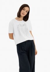 T-shirt z błyszczącym nadrukiem T-SEAR. Białe t-shirty damskie Volcano, m, bez wzorów, z bawełny, klasyczne, bez kołnierzyka, bez ramiączek. Za 59.99 zł.