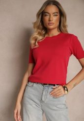 Czerwony Sweter Ozdobiony Ściągaczami Sanallia. Czerwone swetry nierozpinane damskie Renee, bez wzorów, z jeansu, eleganckie, bez kołnierzyka, bez ramiączek. Za 44.99 zł.