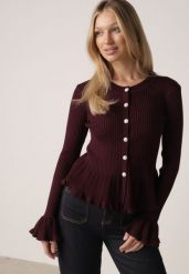 Bordowy Elegancki Kardigan z Wiskozy z Falbankami i Guzikami z Cyrkoniami Orsea. Czerwone kardigany damskie Born2be, z aplikacjami, z jeansu, eleganckie, bez kołnierzyka. Za 119.99 zł.