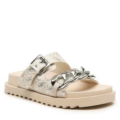 Klapki Guess. Brązowe klapki damskie Guess, z aplikacjami, bez obcasa, bez zapięcia. Za 459.99 zł.