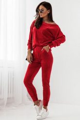Welurowy Komplet Bluza i Spodnie - Czerwony. Czerwone bluzy damskie Ivon, l, bez wzorów, z materiału, bez ramiączek, bez kaptura. Za 279.90 zł.