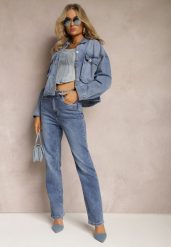 Granatowe Jeansy High Waist z Prostymi Nogawkami Azelie. Niebieskie jeansy damskie Renee, bez wzorów, z jeansu, z podwyższonym stanem. Za 59.99 zł.