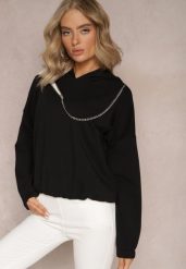 Czarna Asymetryczna Bluza z Bawełny z Kapturem i Ozdobnym Suwakiem Lueur. Czarne bluzy damskie Renee, bez wzorów, z bawełny, casualowe, bez ramiączek, z kapturem. Za 24.99 zł.