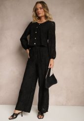 Czarne Szerokie Spodnie z Ażurowej Tkaniny z Wysokim Stanem Siledis. Czarne spodnie materiałowe damskie Renee, w ażurowe wzory, z jeansu, eleganckie, z podwyższonym stanem. Za 89.99 zł.