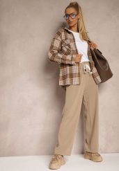 Beżowe Prążkowane Spodnie Szerokie High Waist z Troczkiem w Pasie Saivine. Brązowe spodnie materiałowe damskie Renee, bez wzorów, z bawełny, biznesowe, z podwyższonym stanem, długie. Za 44.99 zł.