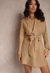 Ciemnobeżowa Marynarka Sukienkowa z Usztywnioną Linią Ramion Wiązana w Talii Equintina. Brązowe marynarki i żakiety damskie Renee, bez wzorów, biznesowe, bez kołnierzyka, bez ramiączek. Za 99.99 zł.