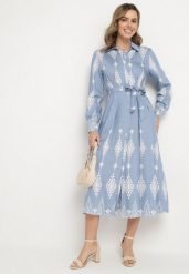 Niebieska Koszulowa Sukienka z Wiskozą i Paskiem w Abstrakcyjny Wzór Folaria. Niebieskie sukienki damskie Born2be, na co dzień, l, bez wzorów, z wiskozy, eleganckie, bez kołnierzyka, bez ramiączek, maxi, koszulowe. Za 109.99 zł.