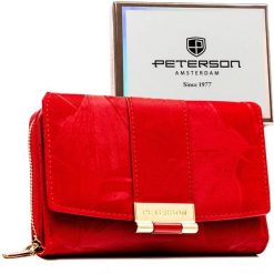 Portfel damski wykonany ze skóry ekologicznej w czerwonym kolorze w delikatne kwiaty - Peterson. Czerwone portfele damskie Peterson, ze skóry ekologicznej. Za 69.99 zł.