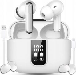 SŁUCHAWKI BEZPRZEWODOWE BLUETOOTH DOKANAŁOWE BIAŁE ANC ENC BT 5.3 POWERBANK. Białe słuchawki bezprzewodowe JG Smart. Za 99.99 zł.