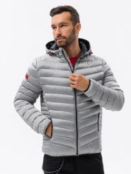Sportowa pikowana męska kurtka o satynowym wykończeniu – szara V17 OM-JALP-0121 - L. Szare kurtki sportowe męskie Ombre Clothing, l, z aplikacjami, z materiału, bez kaptura. W wyprzedaży za 99.99 zł.