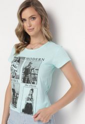 Miętowy Bawełniany T-shirt z Nadrukiem i Brokatem Kruita. Zielone t-shirty damskie Born2be, l, bez wzorów, z bawełny, bez kołnierzyka, bez ramiączek. Za 49.99 zł.