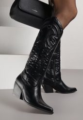 Czarne Kozaki Kowbojki na Stożkowym Obcasie Zdobione Przeszyciami Lumifera. Czarne kozaki damskie Renee, z aplikacjami, bez obcasa, na obcasie, bez zapięcia. Za 139.99 zł.