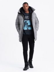 Długa męska kurtka parka ze strukturalnej tkaniny – szara V2 OM-JALJ-0201 - XXL. Szare kurtki męskie Ombre Clothing, l, z aplikacjami, z gumy, bez kołnierzyka. W wyprzedaży za 249.99 zł.