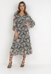 Czarno-Szara Sukienka Abraxos. Czarne sukienki damskie Born2be, l, z aplikacjami, bez kołnierzyka, bez ramiączek, maxi, dopasowane. Za 34.99 zł.