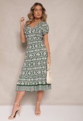 Zielona Rozkloszowana Sukienka z Bawełny w Print Paisley Lanarisa. Zielone sukienki damskie Renee, na co dzień, na lato, l, bez wzorów, z bawełny, eleganckie, bez kołnierzyka, bez ramiączek, midi, rozkloszowane. Za 39.99 zł.