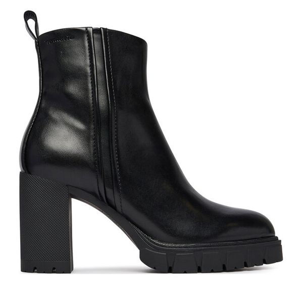 Botki Tamaris. Czarne botki damskie Tamaris, bez wzorów, bez obcasa, na słupku, bez zapięcia. Za 484.99 zł.