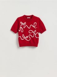 Sweter z kokardkami - czerwony. Czerwone swetry nierozpinane damskie Reserved, l, bez wzorów, z dzianiny, bez kołnierzyka, bez ramiączek. Za 109.99 zł.