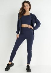 Granatowy Komplet Sportowy 3-częściowy Bluza Legginsy i Top Fika. Niebieskie legginsy damskie Born2be, l, bez wzorów, z dresówki, trekkingowe. Za 79.99 zł.