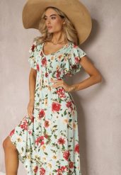 Jasnozielona Wiskozowa Sukienka w Kwiatowy Print Rozkloszowana Maxi Veradisia. Zielone sukienki damskie Renee, na plażę, na lato, l, bez wzorów, z wiskozy, bez kołnierzyka, bez ramiączek, maxi, rozkloszowane. Za 99.99 zł.