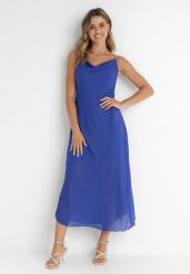 Niebieska Sukienka Philice. Niebieskie sukienki damskie Born2be, z aplikacjami, z tkaniny, glamour, bez kołnierzyka, bez ramiączek, maxi. Za 29.99 zł.