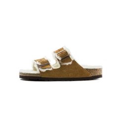 Klapki Birkenstock Arizona VL Shearling Mink wąskie narrow (1001135). Brązowe klapki damskie Birkenstock, bez wzorów, z materiału, eleganckie, bez obcasa, bez zapięcia. W wyprzedaży za 560.90 zł.