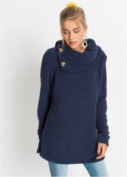 Długi sweter. Niebieskie swetry nierozpinane damskie bonprix, bez wzorów, bez kołnierzyka, bez ramiączek. Za 114.99 zł.