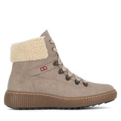 Trzewiki Rieker. Brązowe botki damskie Rieker, bez wzorów, bez obcasa, na płaskiej podeszwie, bez zapięcia. Za 369.99 zł.