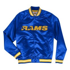 Lekka satynowa kurtka Los Angeles Rams. Niebieskie kurtki męskie Mitchell & Ness, s, bez wzorów, z dżerseju, bez kaptura. Za 486.00 zł.