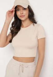 Beżowy T-shirt z Wiskozą o Dopasowanym Kroju Typu Crop Top Folirra. Brązowe t-shirty damskie Born2be, m, bez wzorów, z jeansu, klasyczne, bez kołnierzyka, bez ramiączek. Za 39.99 zł.