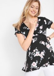 Wiskozowa tunika 2 w 1 ciążowa i do karmienia. Czarne tuniki damskie bonprix, z aplikacjami, z wiskozy, klasyczne, moda ciążowa, bez ramiączek. Za 127.99 zł.